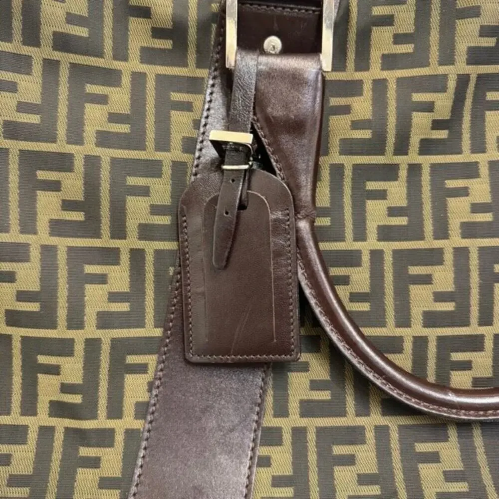 FENDI Large Brown Zucca Canvas Duffle Bag Monogram Leather Travel Luggage FF